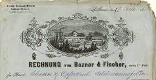 Rechnung der Fa. Bezner & Fischer, vormals E.F. Pilger, mit Firmenansicht der Mechanischen Baumwollweberei im Lautertal