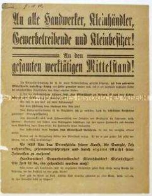 Aufruf der Wirtschaftlichen Vereinigung für Handwerk, Kleinhandel, Gewerbe und Kleinbesitz zur sächsischen Landtagswahl 1920