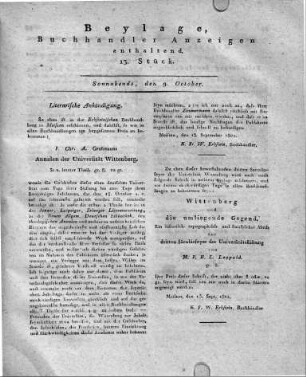 1802-10-09 : Beylage, Buchhändler Anzeigen enthaltend, 13. Stück