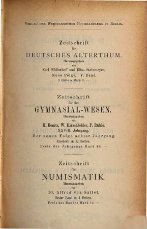 Hermes : Zeitschrift für klassische Philologie. 8, 8. 1874