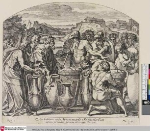 [Melchisedek bietet Abraham Brot und Wein an.; Melchisédech offrant du pain et du vin à Abraham.]