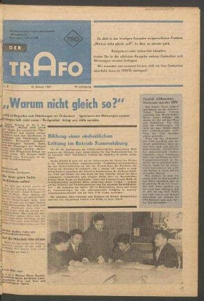 TRO-Betriebszeitung 'Der Trafo'; Nr. 3/1967 (18. Januar 1967)