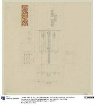 Darmstadt, Dreihäusergruppe, Predigerhaus, Erdgeschoss, Wohnzimmer, Raum 30, Aufriss eines Teils der Westwand