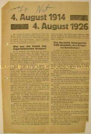 Programmatischer Aufruf der Kommunistischen Partei Deutschlands zu einer Massenkundgebung im Berliner Lustgarten am 4.8.1926 gegen Wirtschaftskrieg und Bürgertum für den Kongress der Werktätigen und die Diktatur des Proletariats