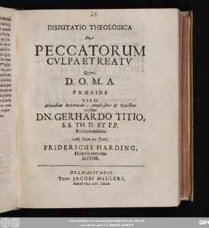 Disputatio Theologica De Peccatorum Culpa Et Reatu