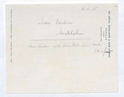Brief von Gerhart Hauptmann an Sven Anders Hedin