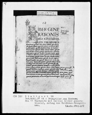 Evangeliar aus Komburg — Initiale L(iber generationis), Folio 11recto
