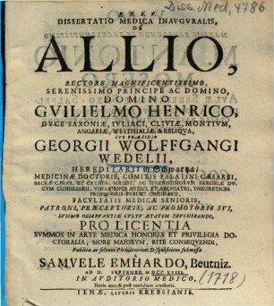 Dissertatio Medica Inavgvralis [Inauguralis], De Allio