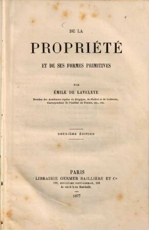 De la Propriété et de ses formes primitives
