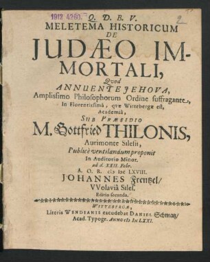 Meletema Historicum De Judaeo Immortali