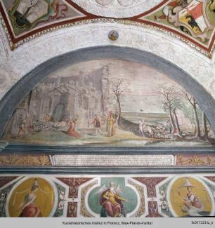Ausmalung des Studiolo : Lünetten mit Szenen aus dem Leben des Heiligen Guido Della Gherardesca : Die Wiederauffindung des toten Heiligen im zerstörten Castello von Donoratico