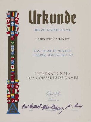 URKUNDE - Bestätigung der Mitgliedschaft Hr. Egon SPLINTERS