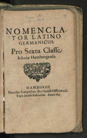 Nomenclator Latino Germanicus : Pro Sexta Classe Scholae Hamburgensis