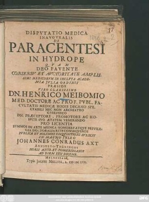 Disputatio Medica Inauguralis De Paracentesi In Hydrope