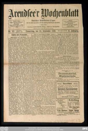 Arendsee'r Wochenblatt, Nr. 113. Donnerstag, den 23. September 1920.