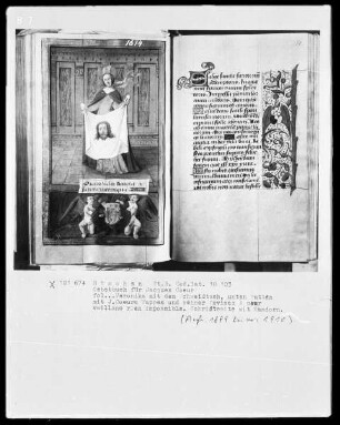 Lateinisches Gebetbuch mit Kalendarium — Heilige Veronika mit dem Schweißtuch, sowie darunter das Wappen und die Devise des Jacques Coeur