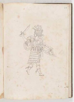 Krieger in Harnisch mit Schwert und Schild, in einem Band mit Antikischen Figurinen und Pferdedekorationen, Bl. 28