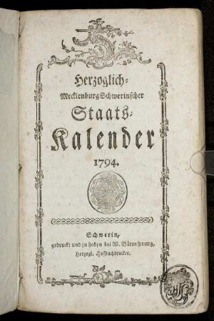 1794: Herzoglich-Mecklenburg Schwerinscher Staats-Kalender 1794.