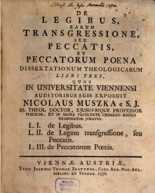 De Legibus, Earum Transgressione, Seu Peccatis, Et Peccatorum Poena Dissertationum Theologicarum Libri Tres : L. I. De Legibus L. II: de Legum transgressione, seu Peccatis L. III de Peccatum Poenis