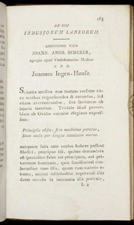 De Usu Indusiorum Laneorum. Amicissimo Viro Joann. Andr. Scherer, egregio apud Vindobonenses Medico S. P. D. Joannes Ingen-Housz.