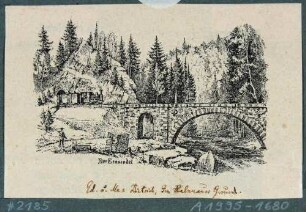 Der Rabenauer Grund an der Roten Weißeritz mit Eisenbahnbrücke, Eisenbahn und im Vordergrund einem Jäger