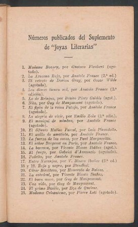 Números publicados del suplemento de "Joyas literarias"