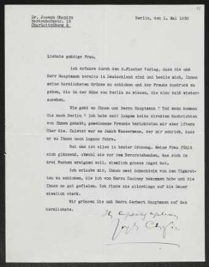 Brief von Joseph Chapiro an Margarete Hauptmann