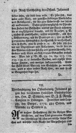Vertheidigung der Offenbarung Johannis gegen den berühmten Hallischen Gottesgelehrten, Hrn. D. Semler.