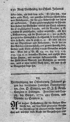 Vertheidigung der Offenbarung Johannis gegen den berühmten Hallischen Gottesgelehrten, Hrn. D. Semler.