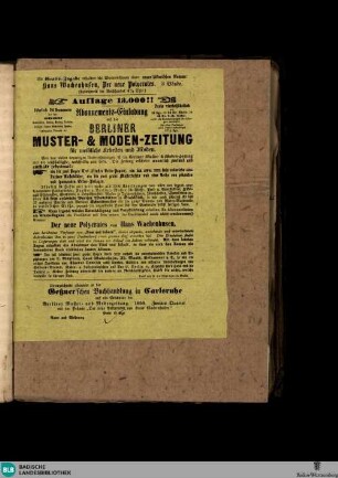 Karlsruher Tagblatt, Abonnements-Einladung auf die Berliner Muster- und Moden-Zeitung