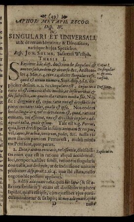 Disp. IV. De Singulari Et Universali, ut & de rerum Identitate & Diversitate, variisque hujus Speciebus.