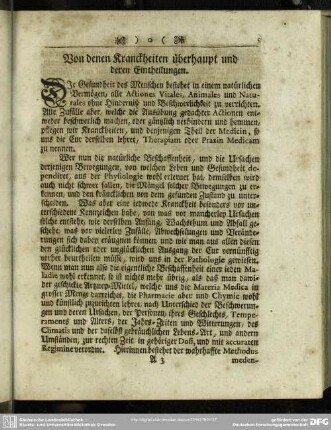 Von denen Kranckheiten überhaupt und deren Eintheilungen