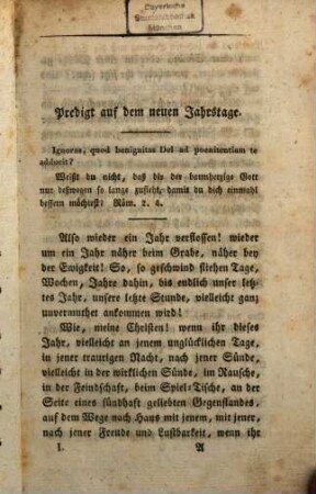 Sechs und dreissig christliche Ermahnungen, Predigten und Christenlehren eines Seelsorgers auf dem Lande an seine Pfarrgemeinde, 1. 1826. - 218 S.