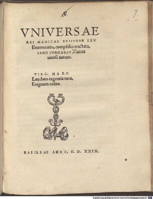 Vniversae Rei Medicae epigraphē Sev Enumeratio, compe[n]dio tractata