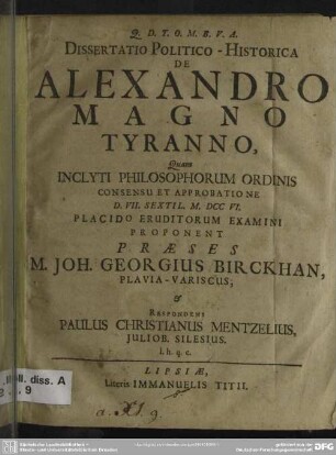 Dissertatio Politico-Historica De Alexandro Magno Tyranno
