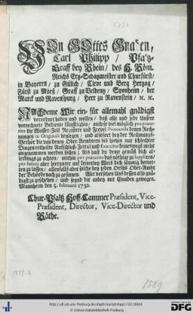 Von Gottes Gnaden, Carl Philipp, Pfaltz-Graff bey Rhein ...