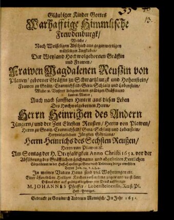 Gläubiger Kinder Gottes Warhafftige Himmlische Frewdenburgk