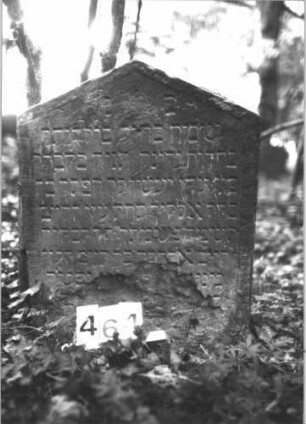 Grabstein 464 (Index: 99898175) Material: Sandstein Zustand: unten völlig verwittert, sonst stellenweise angewittert Maße HxBxT: 72x55x41 cm Beschreibung: Stele mit Dreiecksabschluss, im Giebelfeld fein eingeritzte Levitenkanne Symbolik: Levitenkanne: Grabstein 464