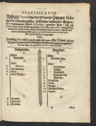 Specificatio Achtzig Parcellen/ das ist beynahe Zweyer drittheil in Oldenburgischer ZollRollen befindlicher Wahren/ so in unterfangener Oldenb. Collation ... Ihrer ... Zollrollen/ mit den Stadt Bremischen ... Imposten/ gefährlich seynd außgelassen : Item Funfftzig Parcellen ... aus der Oldenburgischen ZollRollen ...