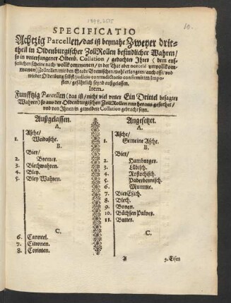 Specificatio Achtzig Parcellen/ das ist beynahe Zweyer drittheil in Oldenburgischer ZollRollen befindlicher Wahren/ so in unterfangener Oldenb. Collation ... Ihrer ... Zollrollen/ mit den Stadt Bremischen ... Imposten/ gefährlich seynd außgelassen : Item Funfftzig Parcellen ... aus der Oldenburgischen ZollRollen ...