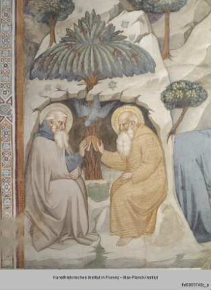 Freskenzyklus mit Szenen aus der Vita des heiligen Antonius : Der heilige Antonius im Gespräch mit dem Eremiten Paulus und Grablegung und Himmelfahrt des heiligen Antonius : Der heilige Antonius im Gespräch mit dem Eremiten Paulus