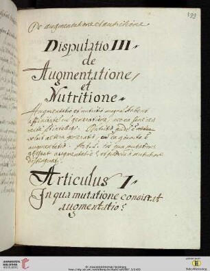 Disputatio III De Augmentatione, et Nutritione