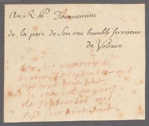 Voltaire (1694 - 1778) Autographen: Briefe von Voltaire an verschiedene Adressaten - BSB Autogr.Cim. Voltaire, François Marie Arouet de, 1. Voltaire (1694 - 1778) Autographen: Brief von Voltaire an N. N. - BSB Autogr.Cim. Voltaire, François Marie Arouet de.1