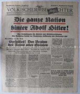 NS-Tageszeitung "Völkischer Beobachter" zur Reichstagsrede Hitlers über die deutschen Außenpolitik