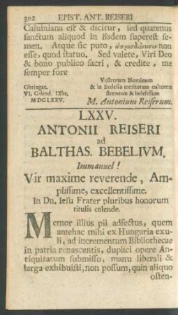 LXXV. Antonii Reiseri ad Balthas. Bebelium