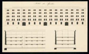 Magazingebäude Monatskonkurrenz Januar 1833: Aufriss Längsansicht, Teillängsschnitt, Querschnitt; Maßstabsleiste