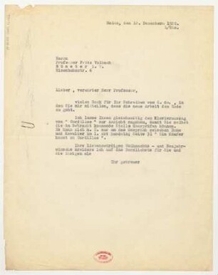 Brief an Fritz Volbach : 12.12.1928