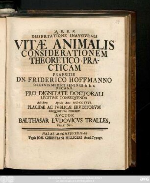 Dissertatione Inavgvrali Vitae Animalis Considerationem Theoretico-Practicam