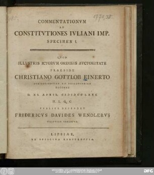 Specimen I.: Commentationvm Ad Constitvtiones Ivliani Imp. Specimen I.