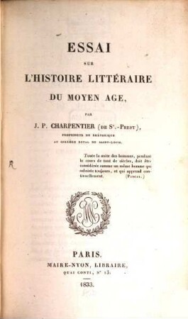 Essai sur l'histoire littéraire du moyen âge